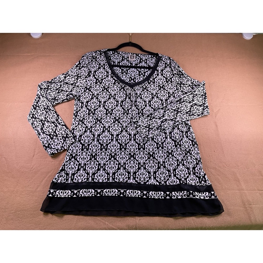 Anne Klein Women's Blouse Black And White Long Sleeve Sheer Accent Size Medium